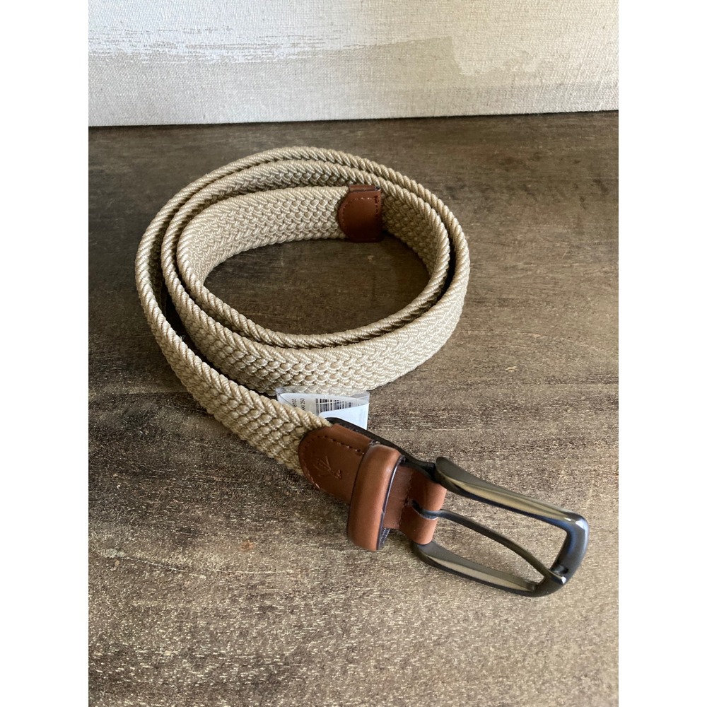 Original Penguin Mens Khaki Braided Web Belt Brown Leather Trim L 38-40 HN86103